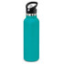 A drink bottle featuring a powder-coated turquoise finish with a black lid and a steel base. It has a logo on it.