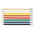 A collection of eight pencils in various colours: red, yellow, green, blue, black, and white, with silver ferrules.