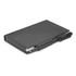 A black notebook with a pen attached, featuring a sleek, compact design.