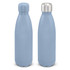 A drink bottle in light blue with a stainless steel cap and a smooth matte finish. Features a logo.