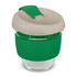 A drink bottle featuring a transparent glass body with a green silicone band and a speckled green lid.