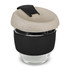 A drink bottle featuring a natural speckled lid and a black silicone sleeve, with a clear glass body.