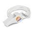 A white sports whistle with a logo, attached to a white lanyard for easy carrying.