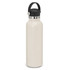 A drink bottle in cream colour with a black carry lid and a metallic band. It features a logo.