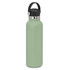 A drink bottle in a light green colour with a black carry lid and a stainless steel base. Features a branding logo.