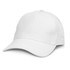 A white cap featuring a curved brim and an adjustable strap at the back, with a logo on the front.