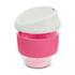 A drink bottle made of Tritan, featuring a clear body with a pink silicone sleeve and a white lid. It has a logo.