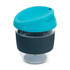 A drink bottle with a transparent body, teal lid, and black silicone sleeve. It features a brand logo.