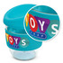 A drink bottle featuring a clear body and a teal lid, with a colourful branding wrap around the middle.