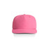A pink cap featuring a curved brim and a logo on the front. Ideal for headwear enthusiasts.