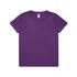 A purple youth t-shirt with a round neck and short sleeves, featuring a logo on the label.