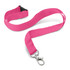 A custom printed lanyard in bright pink, featuring a clip for attachment and a sturdy buckle.