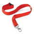A red custom printed lanyard, 16mm wide, featuring a swivel clip and a buckle. It includes branding elements.