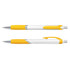 A plastic pen with a white barrel and yellow grips, featuring a silver clip and accents. It has a logo on the barrel.