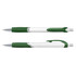 A plastic pen with a white barrel and green accents, featuring a grip and clip. Some branding is visible.