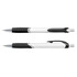 A plastic pen with a white barrel and black accents, featuring a sleek design and a shiny clip.