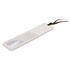 A bookmark magnifier in white with a transparent lens and a brown ribbon attachment. It features a ruler along one edge.