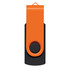 A flash drive featuring an orange and black design, with a swivel cover and circular button.