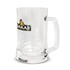 A Munich Beer Mug made of clear glass, featuring a sturdy handle and a logo branded on the front.