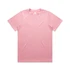 A pink T-shirt with short sleeves and a crew neckline, featuring a simple design and a branding logo.