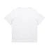 A plain white t-shirt with short sleeves, featuring a logo on the back.
