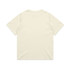 A cream-coloured T-shirt featuring a smooth back surface and a simple design, with a logo present.