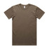 A khaki-coloured organic cotton t-shirt with short sleeves, featuring a logo on the label.