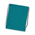 A teal drawstring backpack with black cords and eyelets. It has a simple, unembellished design.