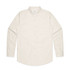 A cream-coloured button-up shirt with long sleeves and a single chest pocket, featuring a logo on the label.