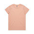 A light pink t-shirt with a round neckline and short sleeves, featuring a branding logo on the label.