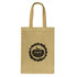 A jute tote bag in natural beige with long handles and a printed logo on the front.