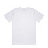 A plain white t-shirt featuring a round neckline and short sleeves, with a logo on the back.