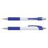 A plastic pen with a white barrel, blue grip, and a blue clip, featuring a logo on the barrel.