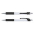 A white barrel plastic pen with black rubber grip and silver accents, featuring a clip and a logo.