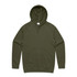 A khaki green hoodie with a front pocket and a drawstring hood, featuring a branding logo.