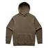 A faded olive green hoodie with a front pocket and an attached hood, featuring a logo on the design.