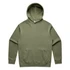 An olive green hoodie featuring a front pocket and a hood, with a branding logo on the label.