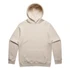A beige hoodie with a front pocket and a hood, featuring a branded logo.