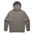 A faded green hoodie with a front pocket and a drawstring hood. It features a logo on the front.