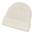 A white beanie with a rolled cuff design.
