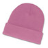 A pink beanie featuring a rolled cuff design.