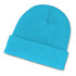 A bright turquoise beanie hat, featuring a ribbed cuff and a soft, textured fabric.