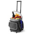 A grey cooler trolley with wheels filled with fruits, snacks, a bottle of wine, and a drink bottle. It has a front pocket.