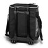 A black cooler trolley with wheels, featuring a zipped top and detachable straps on the sides.