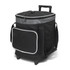A black cooler trolley with a grey trim, featuring a retractable handle and side pockets.