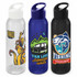 A drink bottle trio featuring a clear bottle with octopus design, a blue bottle with campervan artwork, and a black bottle with fish graphics.