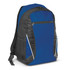 A blue and black backpack with a front zip pocket and side mesh pockets, featuring a logo.