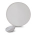 A round white fan with a matching pouch attached. The fan is open and displayed flat.