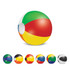 A beach ball with a mix of green, red, yellow, and blue panels, featuring a logo. Various other beach ball designs below.
