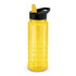 A drink bottle in bright yellow with a black lid and a built-in straw. It features a logo on the side.